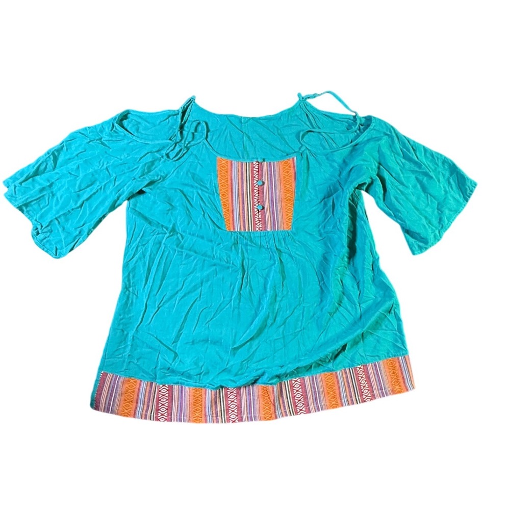 Umgee Bohemian Tunic‎ Top Embroidered Details Cold Shoulder Teal Size M